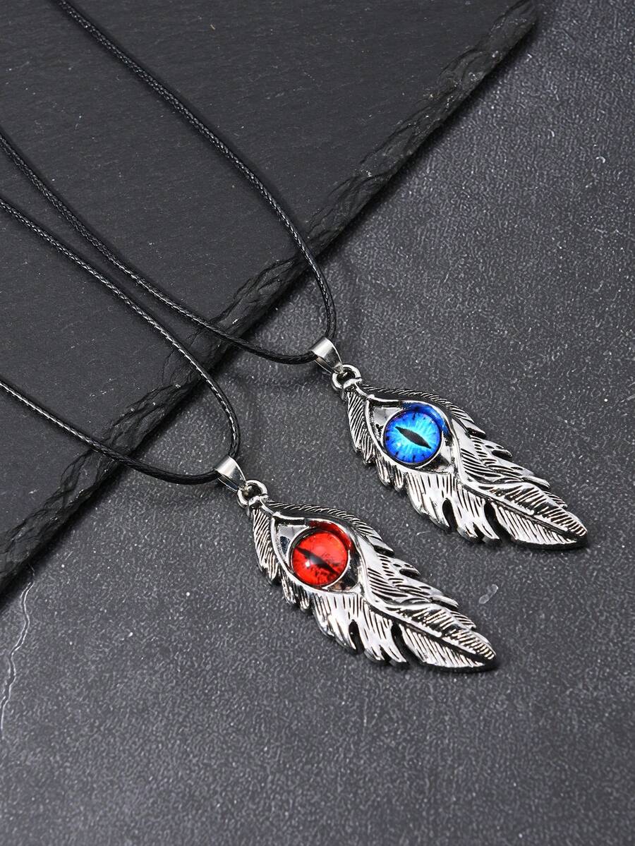 1件恶魔之眼项链，男士欧美风羽毛形合金吊坠项链，嘻哈百搭颈链 - 彩色 - 查看 1