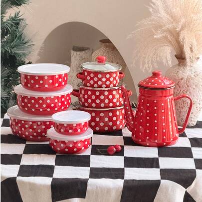 3pcs Red Polka Dot Kitchen Set, 5pcs Ice Bowl Set And 1pc Teapot, Ideal Christmas Gift. These Practical Kitchenware And Teapot Are Suitable For Indoor Kitchen And Dining Room, Can Also Be Used As Tabletop Decor Or Portable Outdoor Camping Gear. A Great Gift For Friends, Family And Mom.
