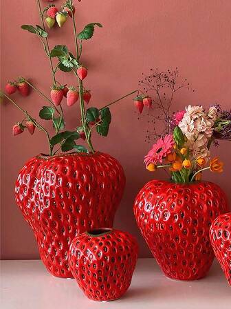 1 Lindo jarrón con forma de fresa roja, decoración del hogar moderna y creativa con forma de fresa, decoraciones interiores/exteriores hechas a mano que simulan una fresa, estilo bohemio, adecuado para sala de estar, estudio, restaurante y boda, fiesta, regalo, cumpleaños, graduación