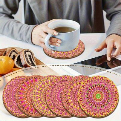 6개/세트 핑크 만다라 나무 코스터 - 생생한 꽃무늬, 원형 코스터, 가정, 바, 사무실 장식에 이상적 | 우아한 디자인, 발렌타인 데이 선물, 발렌타인 데이 테이블 세팅, 1세트 또는 31세트 사용 가능