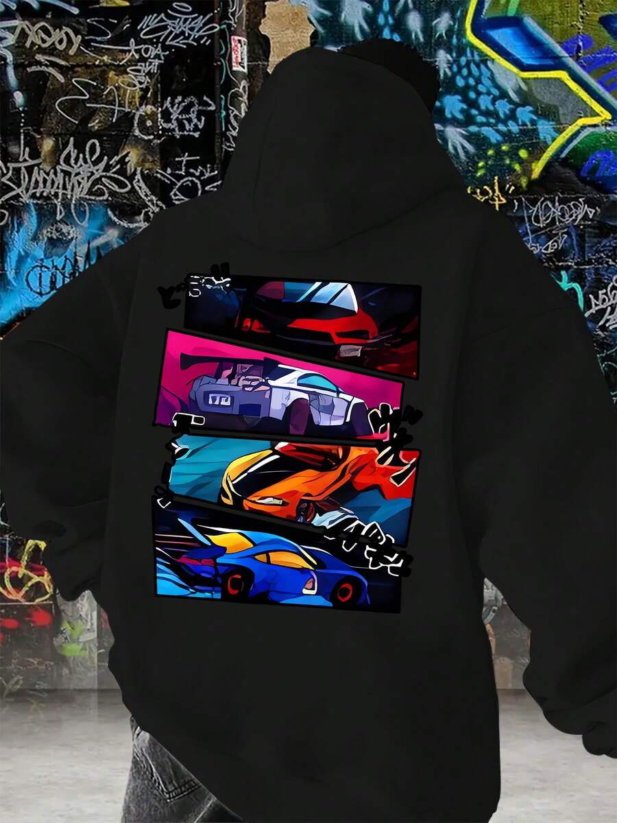 Sudadera con Capucha para Hombre con Estampado de Coche de Carreras (diseño de carreras) - Sudadera Casual Negra con Bolsillo Canguro y Cordón, Manga Larga Cómoda para Entusiastas del Automovilismo, Ropa Casual de Primavera/Otoño - Oscuro - Ver 1
