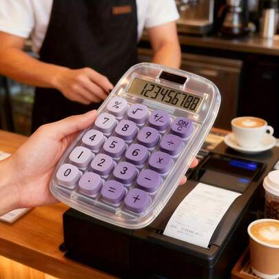 1pc Macaron Color Transparent Solar-Powered Calculator, 8-Digit Large Display + Retro Round Button Design, Supports Square Root/Percentage/Fraction Calculation, Suitable For Cafe Cashier, Light Office Accounting, Student Homework, Home Daily Use, Sensitive Keys With Quick Rebound, No Battery Anxiety, Efficient Calculation With Stylish Ambiance