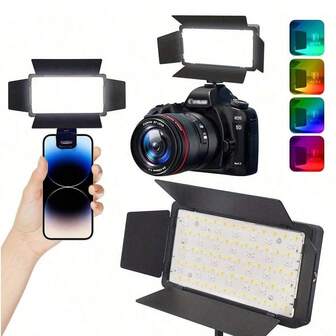 RGB/三色温可调便携式夹式LED方形灯，适用于智能手机或电脑，是摄影工作室直播的理想之选