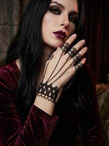 1 pièce Bracelet gothique vintage en dentelle avec fleur en pierre et bague réglable pour femmes. Chaîne de main élégante convenant pour les banquets, les fêtes et les événements costumés - Accessoire pour toutes les saisons Halloween - YR2574-1 - Voir 12