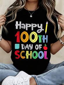 Happy 100th Day Of School T Shirt For Women Colorful Design Celebrating Education Fun And Festive Graphic Tee Perfect For Teachers Students And Parents School Celebration Outfit Casual Wear For The 100th Day Of School Event Educational Theme Apparel With Pencil Notebook And Apple Motifs Vibrant Colors And Playful Typography Ideal Gift For Classroom Activities And School Events Comfortable Cotton Blend Fabric Breathable And Soft For All Day Wear Stylish And Look For Any Age Group Suitable For Back To School Season And Academic Milestones - màu đen - Xem 1
