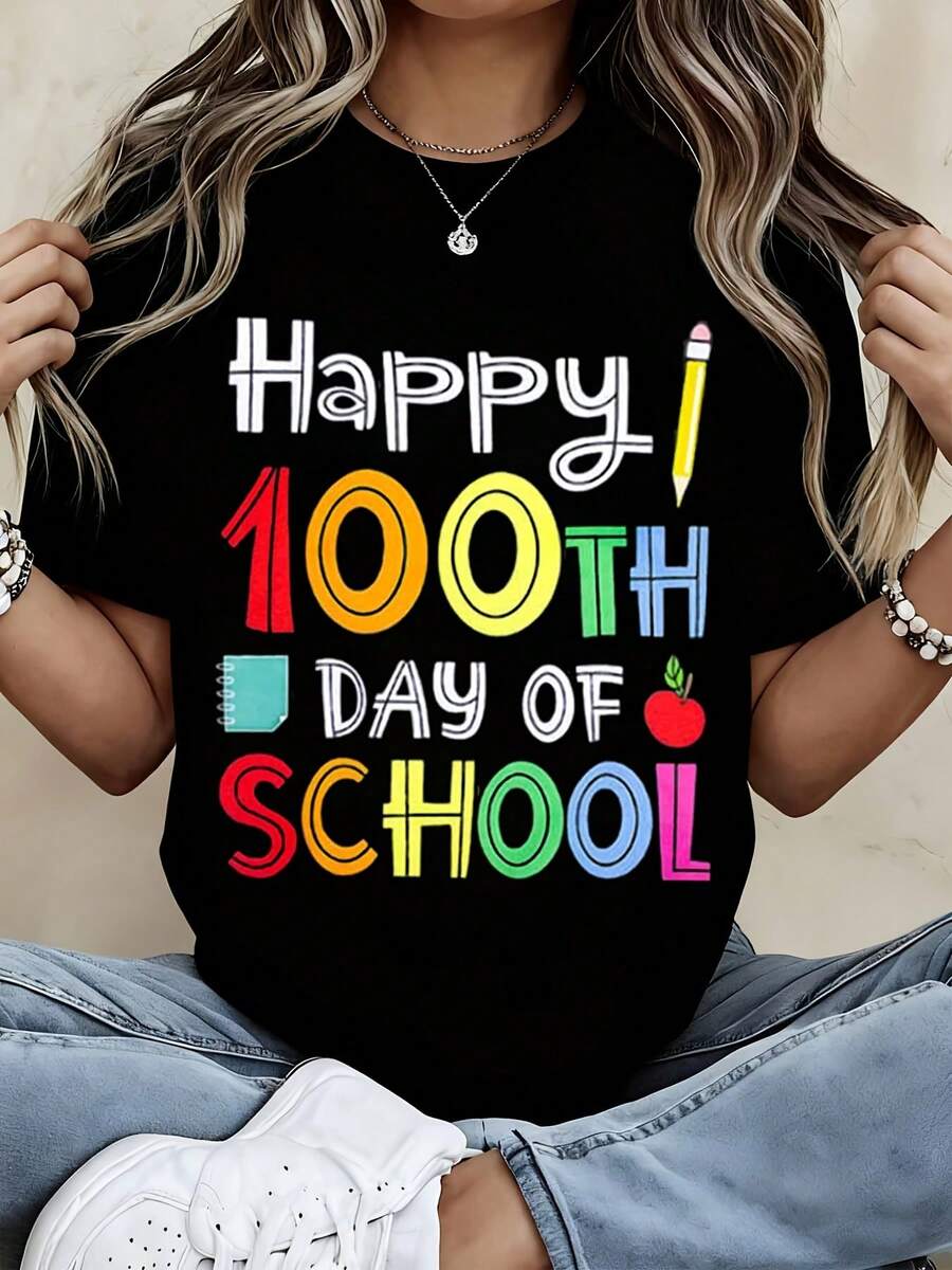 Happy 100th Day Of School T Shirt For Women Colorful Design Celebrating Education Fun And Festive Graphic Tee Perfect For Teachers Students And Parents School Celebration Outfit Casual Wear For The 100th Day Of School Event Educational Theme Apparel With Pencil Notebook And Apple Motifs Vibrant Colors And Playful Typography Ideal Gift For Classroom Activities And School Events Comfortable Cotton Blend Fabric Breathable And Soft For All Day Wear Stylish And Look For Any Age Group Suitable For Back To School Season And Academic Milestones - màu đen - Xem 1