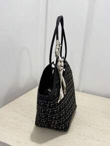 Leichte Schleifendekor, tragbar, lässig, modisches kariertes Muster, schmaler Schal-Dekor, Tweed-Schultertasche für Mädchen, Frauen, Studenten, Büroarbeiter für Herbst und Winter, für Arbeit, Büro, Pendeln, für Herbst und Winter, Outdoor - Schwarz - Übersicht 6