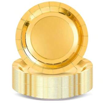 100/50pcs Gold Heavy Duty Reusable Plates - Elegant Polished Metal Rim, Thick Paperboard Material Suitable For Weddings, Birthday Parties, Banquets - Spill-Proof Tabletop Decor, Easy To Clean