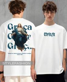 Religious T-Shirt Mary Full Of Grace Luke 1:28 Psalms God Phrase Jesus Christian Unisex Cotton Shirt - 白色 - 查看 2