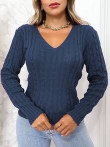 Women's Knitted Sweater With A V-Neck, Long Sleeves, And Regular Length With Slight Stretch. - Navy Blue - View 1