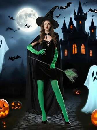 Witch Costume For Women Halloween Cosplay With Hooded Cape Witch Hat Gloves Socks Cosplay Props Party Outfits