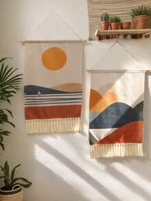 1件波西米亚风格日落风景挂毯，流苏垂直海岸墙饰，简约太阳山海图案布艺墙面装饰，中性色调波西米亚风格，适用于卧室、客厅、宿舍、农舍，质朴自然的流苏挂毯，复古海岸日落墙饰，现代简约家居装饰 - 彩色 - 查看 10