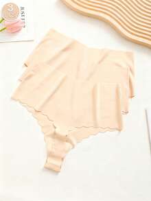 3pcs High Waist Seamless Women's Thong Panties, Sexy Butt Lifting & Tummy Control, Wavy Hem Design, Smooth Fabric, Ladies Underwear