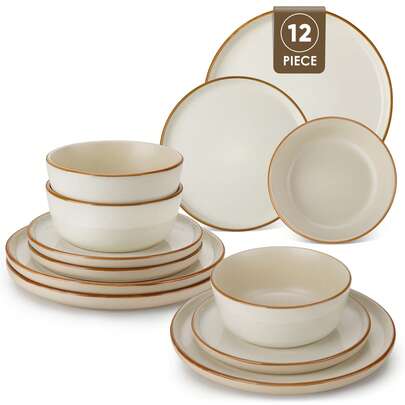 vancasso 12-teilige Keramikgeschirr-Set besticht durch matte und glänzende Sesamglasuren und ist in fünf Farbfamilien erhältlich. Das Set umfasst Speiseteller, Dessertteller und Müslischalen und eignet sich für eine vierköpfige Familie zu verschiedenen Anlässen.