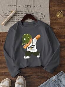 Camiseta infantil masculina casual de manga comprida com gola redonda e estampa divertida para o outono - Camiseta com estampa gráfica que vai fazer as crianças sorrirem. - Cinza escuro - Ver 3