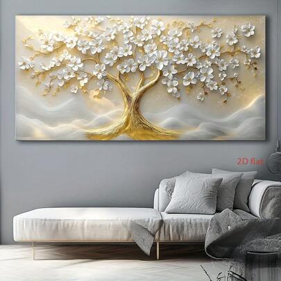 1pc, Modern Canvas Art, Elegant White And Golden Floral Design, Wall Decor Mural, Perfect For Living Room, Bedroom, Kitchen, Bathroom Wall Decoration, Detailed 2D Flat Floral Pattern, No Frame