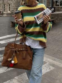 2025 Autumn/Winter New Fashion Niche Round Neck Contrast Color Striped Casual Long Sleeve Women Sweater, Wool Material