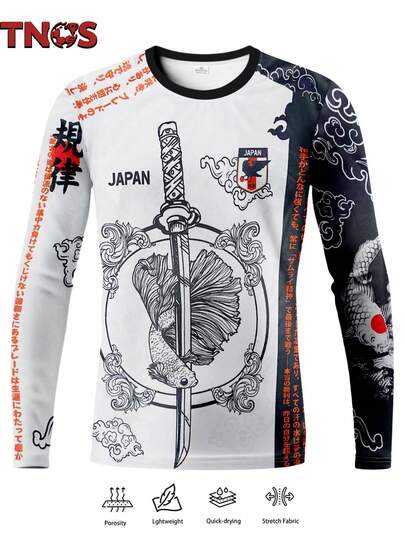 TNOS 日本特别版男士长袖足球服，武士图案圆领舒适运动长袖衫，吸湿透气针织面料，印有武士文化和武士刀图案，适合国家队比赛、训练和休闲穿着。白色春季款