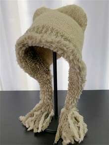 1 Stück süße Bärenohren Warm Plüsch Ohrenschützer, gestrickter Winterhut zum Gesicht klein halten, neuer europäischer und amerikanischer Herbst/Winter Stil Kälteoutfit für Frauen