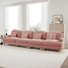 Elegante sofá grande de 4 lugares em estilo de meados do século com chenille com Trichter-Armlehnen, abnehmbarer Rüschenschürze & spindelförmigen Beinen – Confortável Wohnzimmer-Sofa,weiß - Rosa - Ver 6