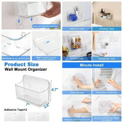 Acrylic Wall Mounted Shower Shelf, Clear, Size 12.8Lx 4Wx 3.3H, Acrylic Shelf, Adhesive - Free Shelf