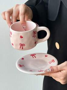 Conjunto de 1 xícara e pires de cerâmica com laço rosa, elegante xícara e pires de cerâmica floral, delicada xícara para chá da tarde, xícara para leite no café da manhã em casa, xícara para água, xícara para suco, xícara para café no escritório, xícara para café saudita, xícara para presente - Multicolorido - Ver 5