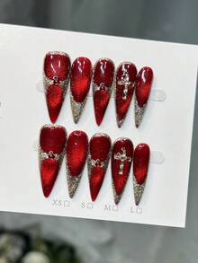 10片手工美甲片，尖头杏仁形，长款尖头按压式美甲片，优雅红色美甲片，闪亮猫眼，金色边缘闪粉，镶嵌钻石十字架美甲饰品，简约前卫又不失温柔奢华，适合冬季、春季等各种场合，也适合派对、日常、约会、海滩、热带度假等，DIY美甲，适合女性和女孩作为礼物，手工美甲用品。 - 紅色 - 查看 3