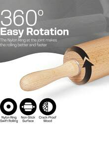 Rodillo de Madera de Haya 25cm con Asas Giratorias Ergonómicas para Masa de Pizza, Pan, Pasteles y Galletas - Multicolor - Ver 5