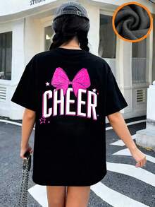 少女休闲印花深灰色圆领短袖T恤，夏季上衣 - 黑色 - 查看 7