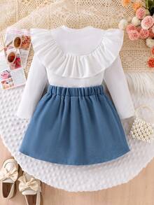 2pcs/Set Girls Ribbed Bow Decor Top And Corduroy Pleated Skirt Suit, Stylish School Look, Spring/Autumn - Blue - View 3