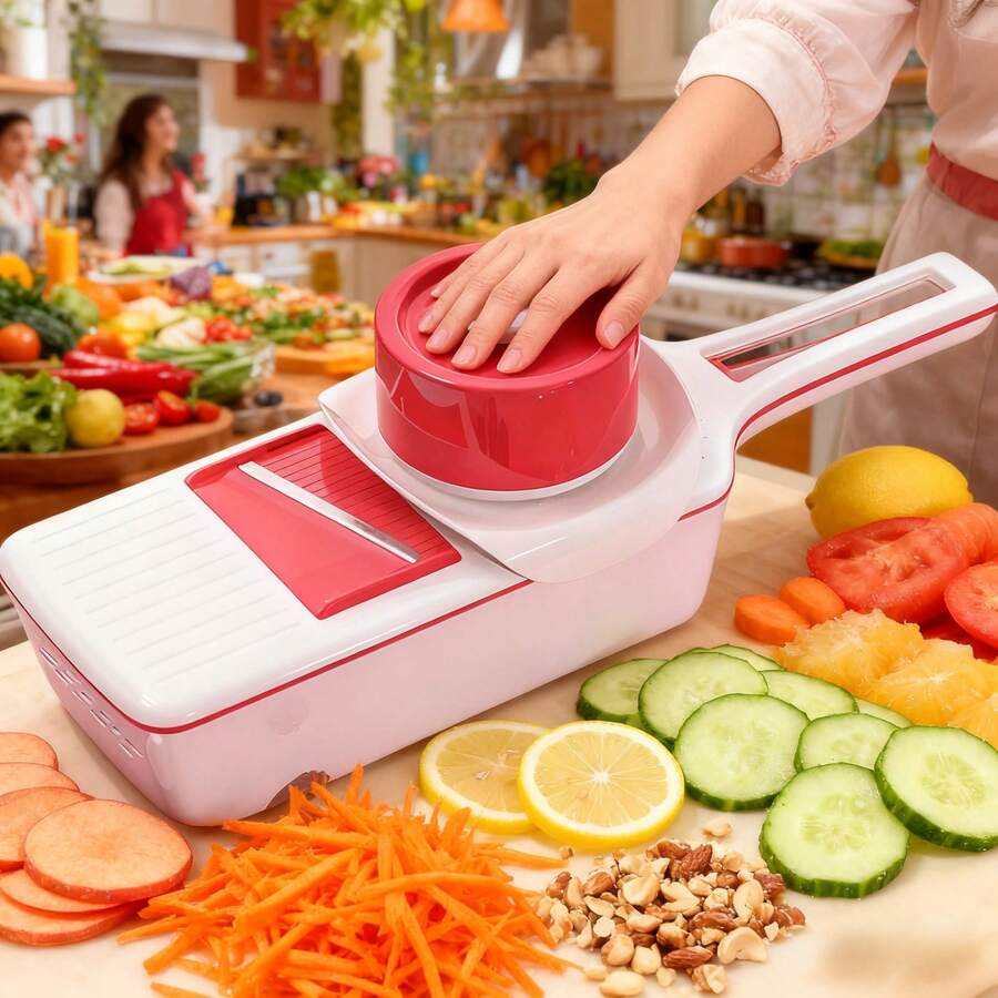 Japanese-Style 6-In-1 Red Mandoline Vegetable Slicer W/ SExtra Guard & Storage Box – Reuse Small Food Pieces Without Cutting Your Fingers – 6 Premium German Steel Blades – Perfect Christmas, Valentine"S & Mother"S Day Gift - 紅色 - 查看 1