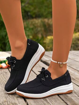 Women's New Solid Color Canvas Platform Thick Sole Sporty Vacation Style Fashion Versatile Comfortable Breathable Lace-Up Casual Sneakers, Suitable For Travel & Vacation, All Season