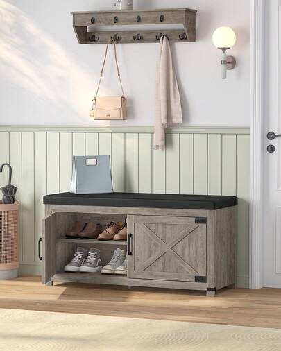 HEXCELEN Farmhouse Shoe Storage Bench, 2 Tier Shoe Bench With Padded Seat Cushion & 2 Barn Doors, Entryway Bench With Adjustable Shelf, Shoe Cabinet For Living Room, Bedroom, Greige