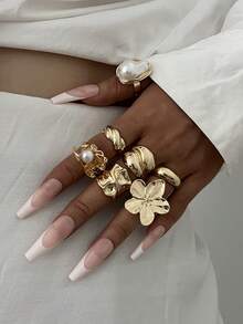 17KM 7 Peças Conjunto de Anéis Empilháveis Elegantes, Minimalistas e Retrô - Moeda Vintage, Flor, Assimétrico, Pérola, Textura Pregueada, Cruzamento Geométrico, Trançado, Liso, Anel de Banda Larga Grosso, Adequado para Férias, Festa, Encontro, Presente, Uso Diário - Ouro amarelo - Visão 5