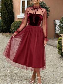 Elegant Solid Color Patchwork Party Dress, Suitable For Christmas And New Year Celebrations - Burgundy - View 1