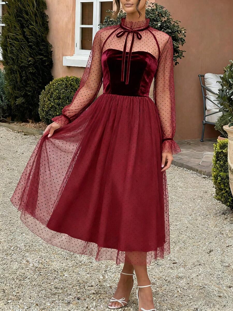 Elegant Solid Color Patchwork Party Dress, Suitable For Christmas And New Year Celebrations - Burgundy - View 1