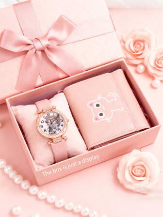 2pcs Girls Elegant Cute Leather Watch And 1pc Fashion Multi-Layer Wallet Gift Set, Versatile For Daily Wear, Suitable For Christmas, Halloween, Ramadan, Gifts For Girls