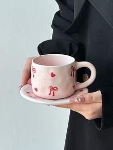 Conjunto de 1 xícara e pires de cerâmica com laço rosa, elegante xícara e pires de cerâmica floral, delicada xícara para chá da tarde, xícara para leite no café da manhã em casa, xícara para água, xícara para suco, xícara para café no escritório, xícara para café saudita, xícara para presente - Multicolorido - Ver 15
