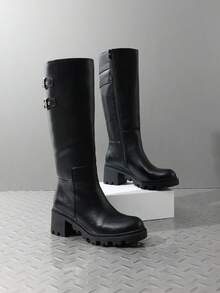 Women's Motorcycle Buckle Knee-High Boots Round Toe Side Zipper Low Block Heel  Party Comfortable Boots For Fall And Winter - màu đen - Xem 2