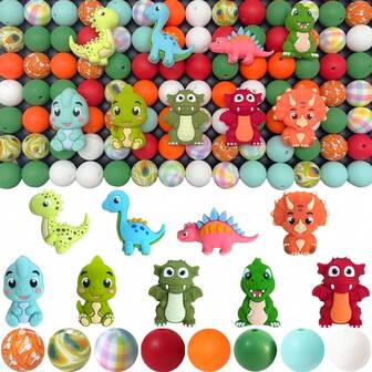 68/28 st. 3D-silikonpärlor i blandade dinosaurier, livfulla färger med blommönster, slitstarka smyckestillverkningstillbehör för örhängen, halsband, nyckelringar, sminkborstar, Halloween-/julpynt, dinosauriefestdekor, nyckelringstillbehör, rolig design, livfulla färger, pärlor, hängen, smyckestillverkningstillbehör
