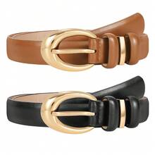 2pcs Fashionable Women's Shiny Gold Buckle PU Leather Belt, Suitable For Jeans, Pants, Dresses In Multiple Occasions - Black+Brown - View 4
