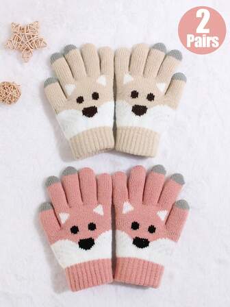 2 pares de guantes de punto con estampado de cachorrito para niños, adecuados para la escuela, actividades al aire uso diario en otoño/invierno