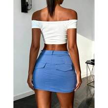 Faldas tipo cargo para mujer, minifalda con botones de cintura baja y bolsillos - Azul + 2XL - Ver 5
