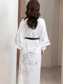 Retro Mid-Length New Chinese Style Minimalist Elegant Fashion Printed Kimono Cardigan, Casual Homewear Tie-Waist Robe, Lightweight Summer Beach Swimsuit Cover-Up, Thin Jacket