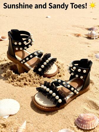 Romerska sandaler med pärldekor för flickor, ankelrem i prinsessstil med fluffig volang och öppen tå, bekväma sommarskor för barn. Lämpliga för vardagsbruk, kan kombineras med prinsessklänningar eller jeans, perfekta för köpcentra och parkpromenader, eleganta och bekväma.