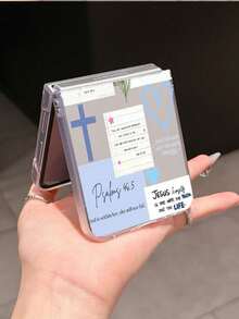 1pc Fashionable And Simple Frosted PC Material Cute Blue Label Slogan Element Folding Phone Case, Can Protect And Prevent Falling: SamsungGalaxy Zflip 3/Zflip 4/Zflip 5/Zflip 6/Zflip 7/OPPO Find N3 Flip/ Razr 50 Ultra/ Razr 60 Ultra/ Razr 60/ Razr 50/XiaomiMIX Flip/Galaxy Z Flip7 FE - Transparent Blue - View 11