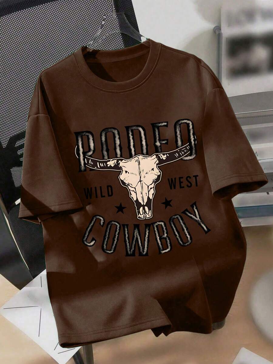 Tween Boy Casual Cute Pentagram & Bull Head Cartoon Letter Slogan Print Crew Neck Short Sleeve T-Shirt, New Spring/Summer Collection - Brown - View 1