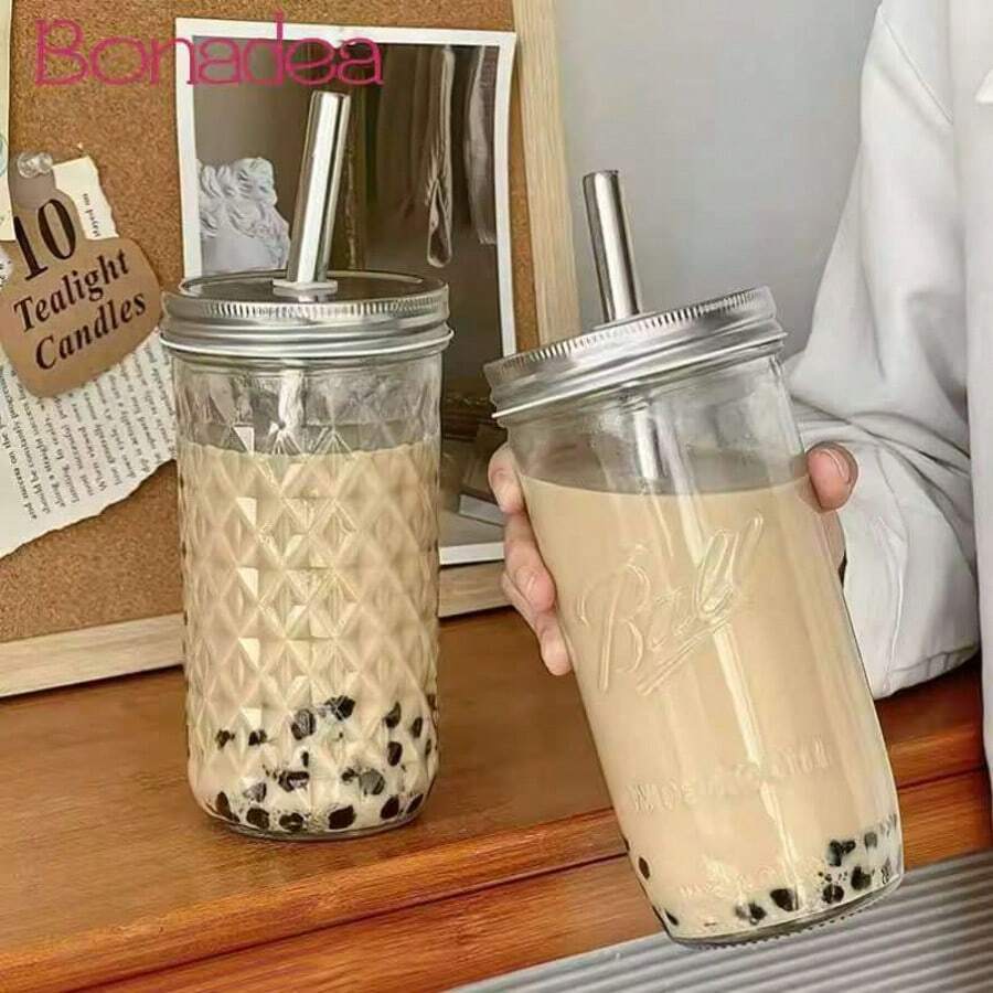 2/1pc 650ml Large Capacity Glass Bubble Tea Cup With Lid, Stainless Steel Wide Straw, Grid Design Suitable For Students, Cold Drinks, Juices, Refreshing & Portable, Ideal Summer Beverage Cup - Clear - View 1