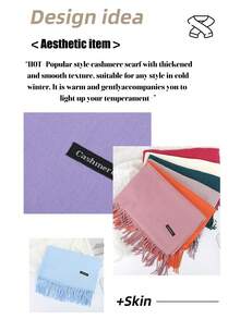 Customized Embroidered Solid Color Scarf, Thick Faux Cashmere Warm Embroidered Korean Style Elegant Scarf For Women, Tasseled Versatile Unisex Winter Warm Scarf, Great Gift For Friends, Family, Christmas - Multicolor - View 4