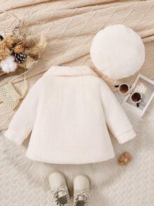 معطف كارديجان أنيق للبنات الصغيرات بياقة من الفرو الصناعي باللون الأحادي، مع أزرار، ملابس خارجية أنيقة وسميكة ودافئة، مع قبعة بيريه مطابقة، مناسب لعيد الأضحى والخروجات والتجمعات اليومية في فصلي الخريف والشتاء - لون مشمشي - مشاهدة 3